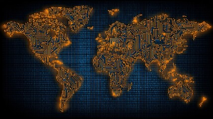 A digital world map composed of glowing orange circuit board patterns on a dark blue background, symbolizing global technology and connectivity.