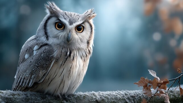 Majestic owl perched on frosty branch enchanted forest wildlife photography winter landscape close-up nature's beauty