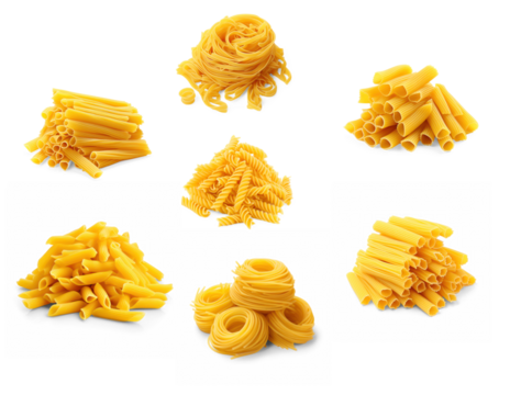 A variety of pasta shapes and colors on a transparent background