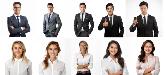 A collage of nine business professionals in various poses and attire.