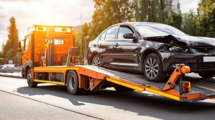 A damaged black car is being loaded onto an orange tow truck on a sunny roadside with trees in the background.