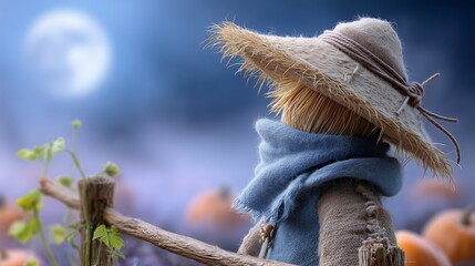 Scarecrow watching over pumpkin field under moonlight rural setting photography serene atmosphere side view autumn magic