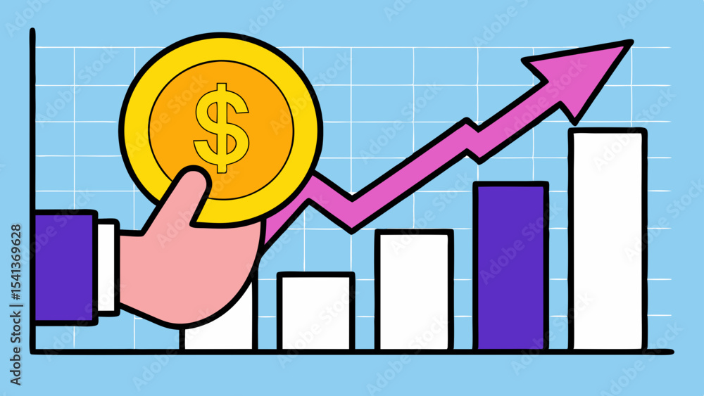 Aufkleber hand holding dollar coin with upward trending arrow and bar graph on a grid background design