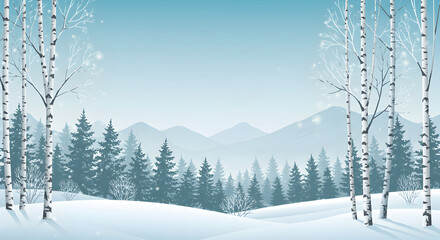 Winter landscape illustration with birch trees, snow, mountains, and a snowy forest