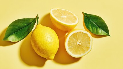 Fresh whole and halved lemons with green leaves on a yellow background, showcasing vibrant citrus fruit.