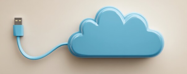 A blue USB cable connects to a cloud-shaped device symbolizing cloud storage or cloud computing.