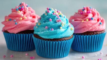 Three chocolate cupcakes with vibrant pink and blue frosting topped with colorful round sprinkles, presented in matching blue cupcake liners.