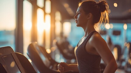 A focused woman runs on a treadmill in a softly lit gym, highlighting determination and fitness during a sunrise or sunset workout.
