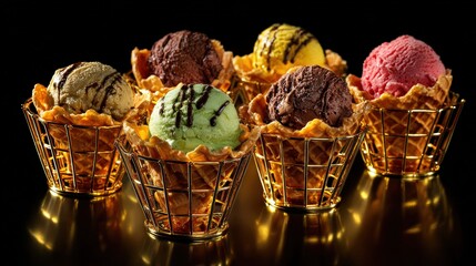 Five colorful ice cream scoops in waffle cones, drizzled with chocolate syrup, arranged elegantly on a reflective black surface.