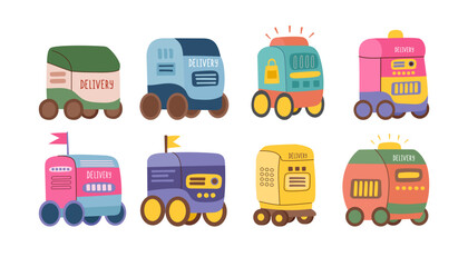 Set of delivery robot cliparts isolated on white background. Concept of delivery, technology, robotics. Vector hand drawn illustrations.