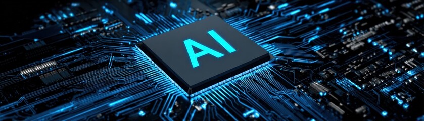 A close-up of a microchip labeled "AI" on a circuit board, symbolizing artificial intelligence technology and advanced computing.