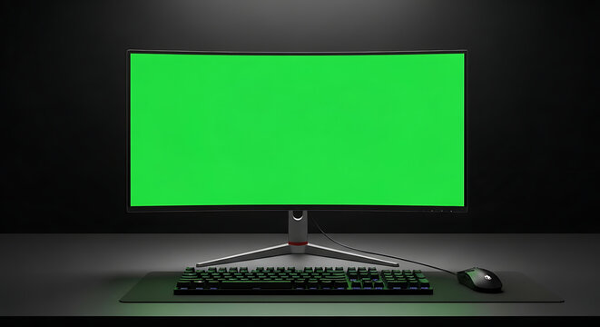 Curved Green Screen Monitor with Keyboard and Mouse Setup for Video Editing and Streaming - Powered by Adobe