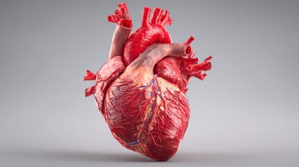 Realistic 3D illustration of a human heart showing detailed anatomy with arteries and veins on a gray background.