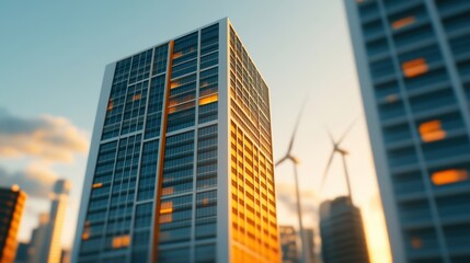 Obraz premium Modern high rise building with glass windows reflecting warm sunlight and wind turbines in the background against a