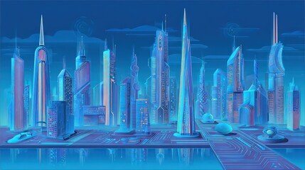 A futuristic cityscape with glowing skyscrapers and advanced architecture under a deep blue sky.
