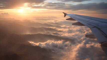 Airplane wing view from plane window over foggy mountains at sunset. Sky and sun above clouds. Scenic flight travel picture. Mountain top below clouds, airline business journey. .