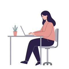 Woman Working on Laptop at Desk, Freelance Illustration