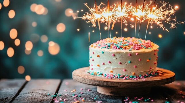 Celebratory birthday cake with sparklers on wooden table against dark Celebration colorful sprinkles