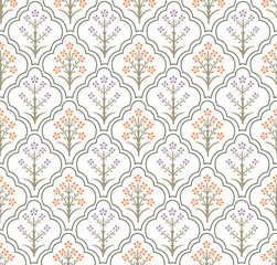 Multicolor Florals with Damask Boundary Block Print Repeat Vector Abstract Pattern 