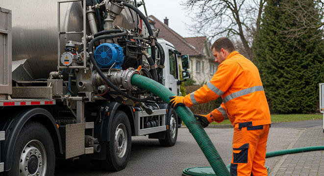 Sewer Worker Unclogging Drain With Vacuum Truck
