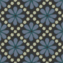 Floral and Circles Kalamkari Dark Theme Block Print Repeat Vector Abstract Pattern 