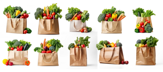 A collection of various vegetables and fruits in paper bags against a transparent background