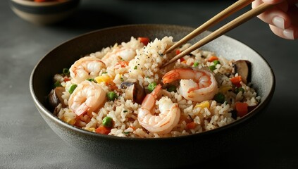 Shrimp fried rice in a bowl, being eaten with chopsticks