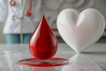 Symbolic representation of blood drop and heart health for medical and healthcare concepts