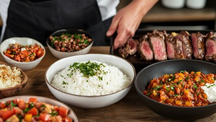 Diverse culinary spread on a wooden table. A hand reaches for sliced, cooked meat over a tray. Various dishes of rice, beans, vegetables, and a curry-like dish are present