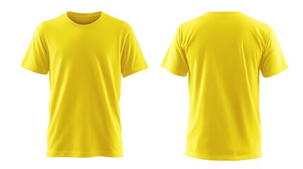 Blank yellow kids t-shirt mockup front, back view. Isolated on white background. Studio shot of plain light blue shirt. Casual attire. Empty template for design. Short sleeves. .