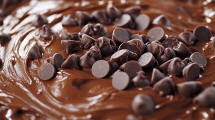Fototapeta premium Close-up shot of freshly baked chocolate cake with chips, showing melted in cream on background