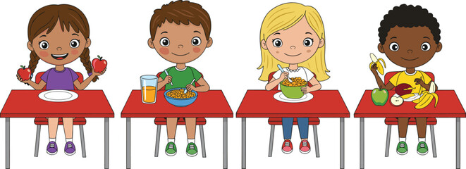 Happy children eating healthy food, kids enjoying fruit and vegetables, cartoon illustration of balanced meals, nutrition awareness, school lunch concept, diverse healthy eating