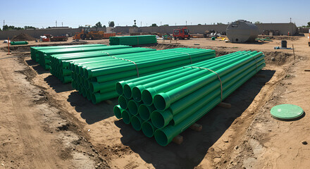 Green Pipes Stacked at Construction Site