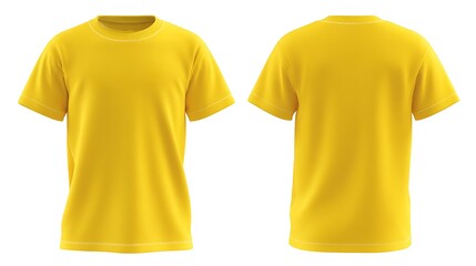 Blank yellow kids t-shirt mockup front, back view. Isolated on white background. Studio shot of plain light blue shirt. Casual attire. Empty template for design. Short sleeves. .