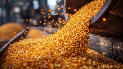 Close-up view of orange seeds cascading from bucket onto conveyor Fresh harvested Wheat falling