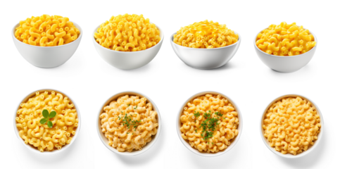 A collection of macaroni and cheese in bowls on a transparent background
