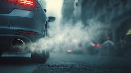 Car exhaust pipe releases thick white smoke. Vehicle on city street pollutes urban environment with harmful emissions. Air pollution, smog concept, ecology. .
