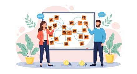 Whiteboard with Orange Sticky Notes and Blue Arrows, Brainstorming Session Illustration
