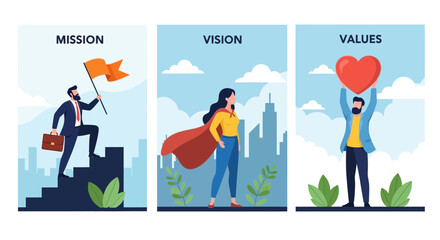 Business People Representing Mission, Vision, and Values with Cityscape Background