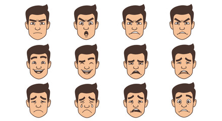 Cartoon Male Character Expressions Set of Nine Different Emotions