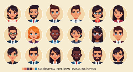 Diverse Business Avatars: Set of Cartoon Portraits with Various Hairstyles, Expressions, and Outfits.