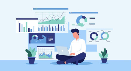 Man Analyzing Data on Laptop, Surrounded by Charts and Graphs