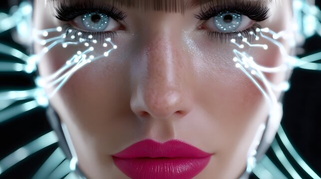 Cybernetic portrait of a woman surrounded by digital data streams