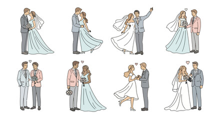 Six Diverse Couples in Wedding Attire: Illustrated Set of Happy Brides and Grooms