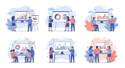 Six Diverse Business Teams Collaborating on Data Analysis, Presenting Charts and Graphs on Monitors and Whiteboards