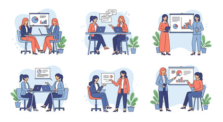 Six Illustrations of Businesswomen Collaborating, Presenting Data, and Discussing Charts and Graphs