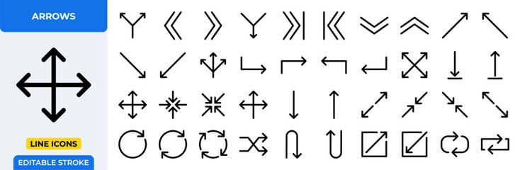 Arrows Vector Icon Set - Directional, pointer, indicator, navigation, UI, UX, web design, app, symbol, move, up, down, left, right, diagonal, double, curved, loop, rotate, shuffle - Editable Stroke