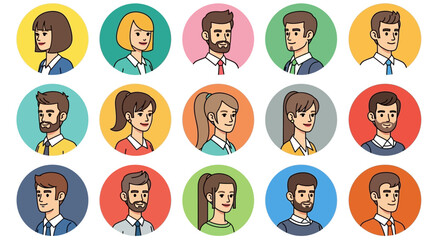 Collection of Diverse Cartoon Profile Pictures: Men and Women with Varied Hairstyles and Attire