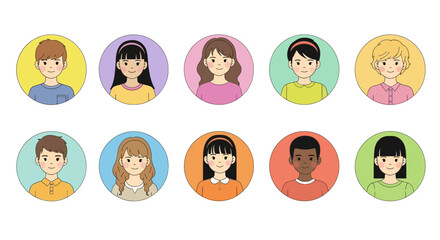 Diverse Cartoon Children Portraits in Colorful Circles, Smiling Faces, Various Hairstyles and Skin Tones