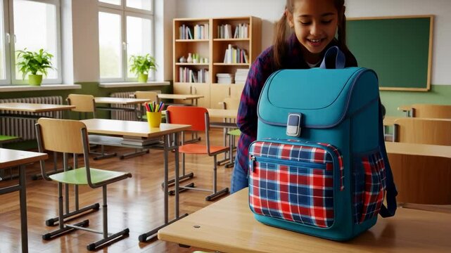 Vibrant backpack rests on a wooden desk in a well-lit classroom, with empty chairs and tables arranged neatly, green plants by the windows, creating a welcoming back-to-school environment